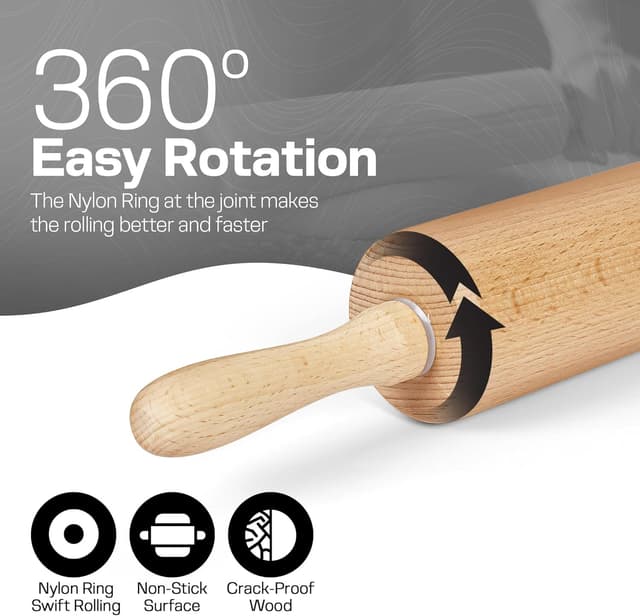 Detalle de Wooden Rolling Pin 17.6 Inch with Rotating Ergonomic Handles (Classic Beech Wood) for Pizza, Pastry, Bread & Cookies