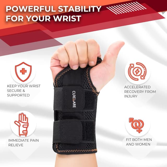 Detalle de CURECARE New Updated Carpal Tunnel Wrist Splint (Right Hand, Black) – Adjustable wrist support with 2 straps (S/M)