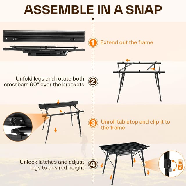 Detalle 2 de Sportneer Tavolo da campeggio pieghevole 90×52 cm con altezza regolabile (45–65 cm)