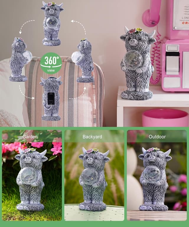Detalle 2 de Yeomoo Highland Cow Gartenfigur mit Solar-Lampen und Glasball – wetterfeste Deko für Balkon, Terrasse & drinnen
