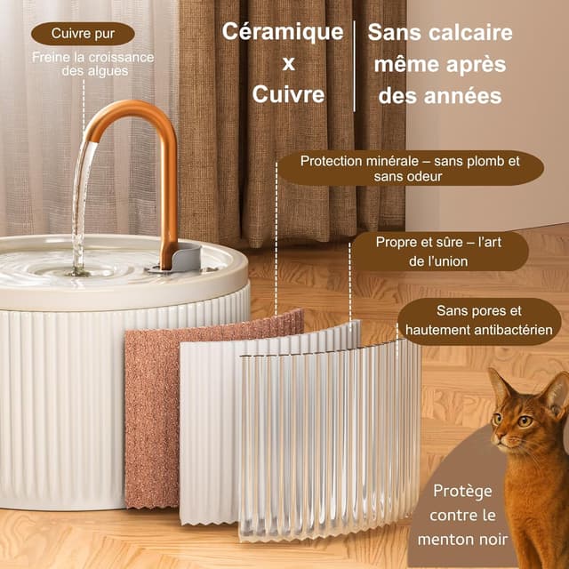 Detalle de Fontaine à eau pour chat Misfans Fontaine a Eau Chat 2,1L en céramique beige avec tube en cuivre anti-algues