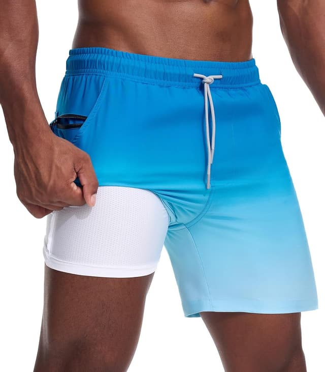 Detalle de Danfiki men’s 2-in-1 swimming shorts with mesh compression liner and zipper pockets (gradient quick-dry)