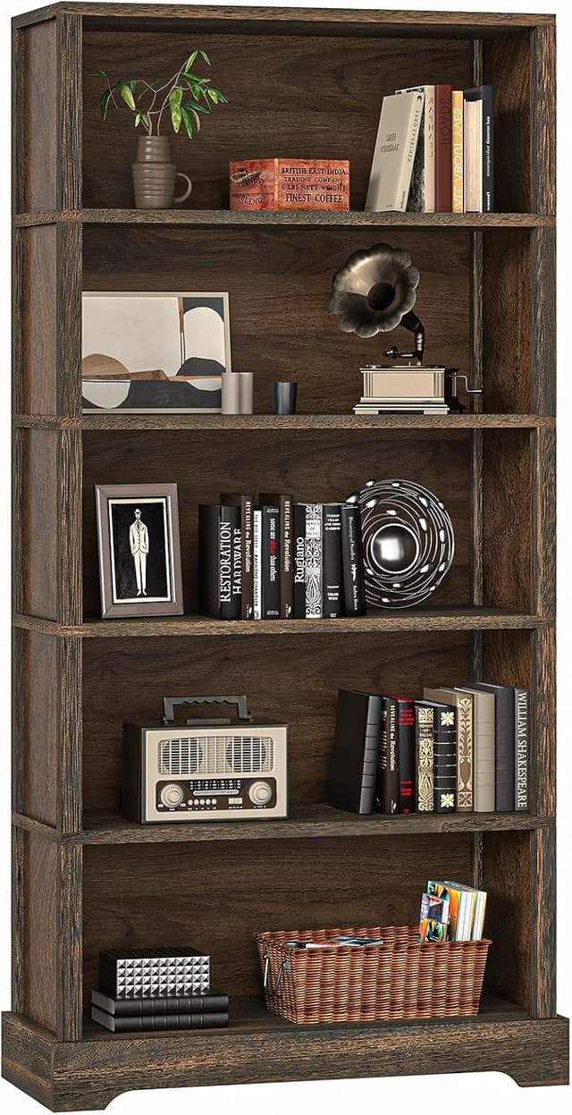 Detalle de TVU 5-Tier Solid Wood Book Shelf (Walnut) — Floor-Standing 65" Farmhouse Bookcase