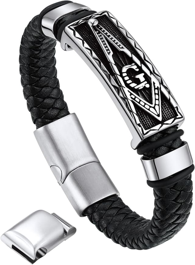 Detalle de Bandmax Herren-Lederarmband „Mjölnir/Totenkopf/Freimaurerei“ mit Magnetverschluss – personalisierbares Wikinger-Armband