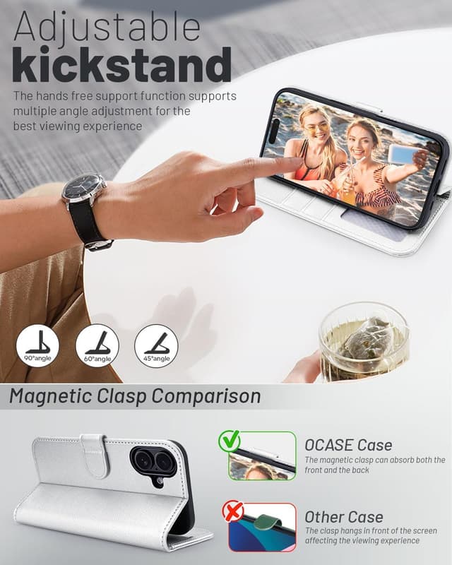 Detalle 2 de OCASE Hülle für iPhone 17 5G mit Kartenfach, Magnet & Standfunktion (silber)