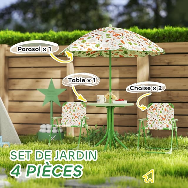 Detalle de AIYAPLAY Ensemble salon de jardin enfant 4 pièces (table, 2 chaises pliantes et parasol) motif éléphant et girafe