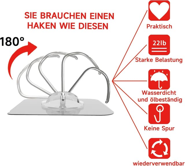 Detalle de Latoxcaa große Klebehaken Extra Stark (transparent, ablösbar) Heavy-Duty bis 10 kg, wasserdicht & rostfrei, 20 Stück
