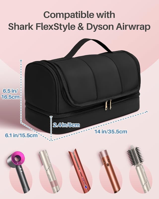 Detalle de Noldena Hänge-Haartrocknertasche für Dyson Airwrap und Shark FlexStyle – wasserabweisender Organizer mit Trennwand, schwarz