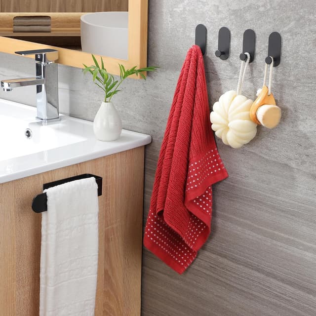 Detalle 2 de Taozun Towel Rail Hand Towel Holder with 4 Self-Adhesive Hooks (SUS 304 Stainless Steel) – Black, No Drilling