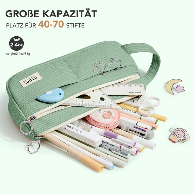 Detalle 2 de KALIDI Cord-Stoff Federmäppchen mit Tragegriff – großes Mäppchen für Schule, Büro & Teenager