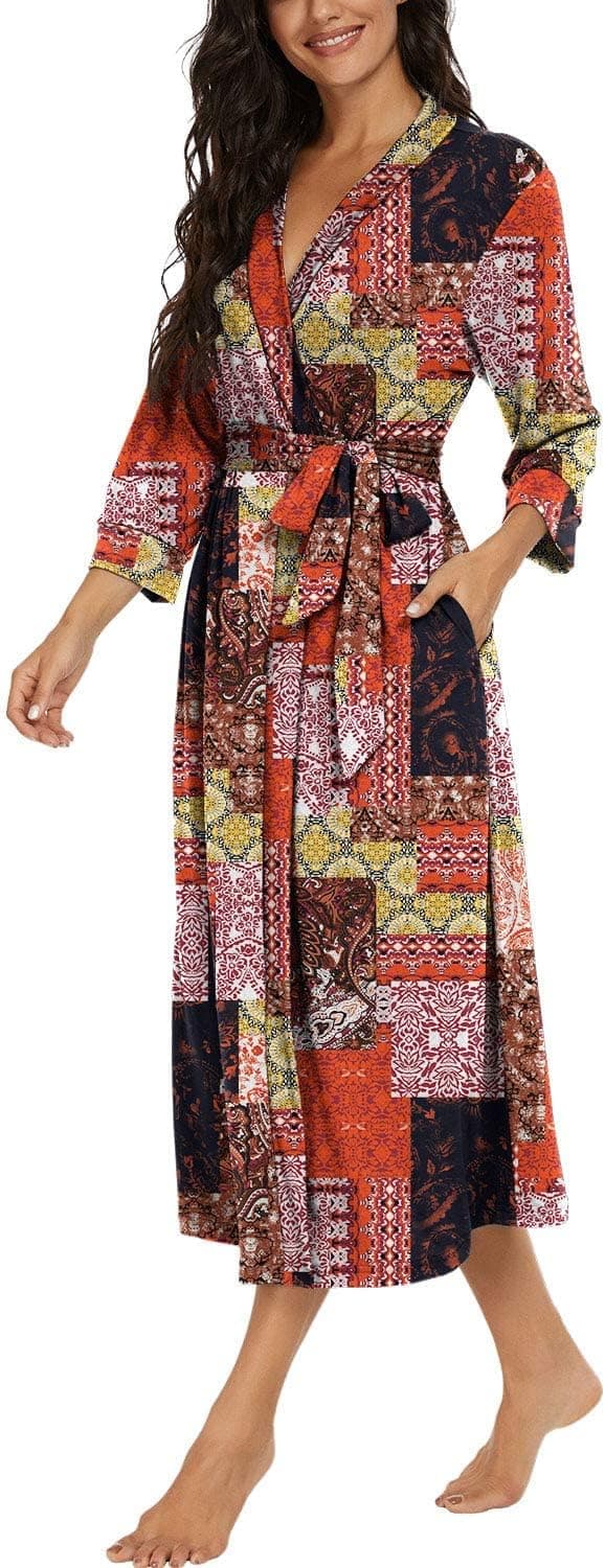 Detalle 2 de PrinStory Damen Bademantel mit 3/4-Ärmeln und V-Ausschnitt (Kimono-Robe, lange Länge)