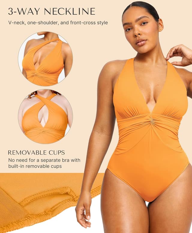 Detalle de SHAPELLX Women’s One-Piece Swimsuit with Tummy Control, Ruched V-Neck & Removable Cups