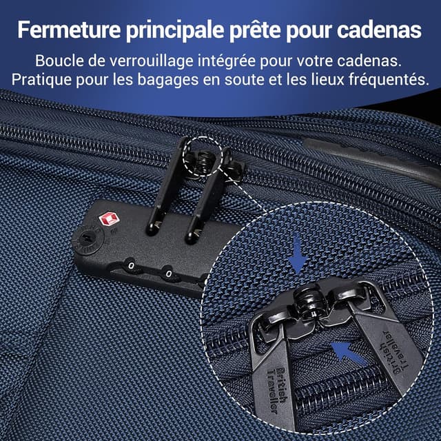 Detalle 2 de British Traveller Valise cabine souple 57,5×37,5×25,5 cm – 40,6 L, 4 roues 360° TSA, marine