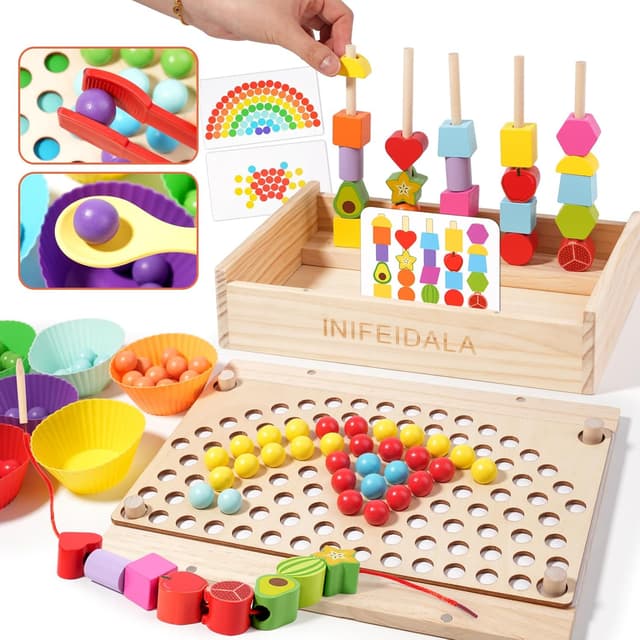 Detalle 2 de INIFEIDALA Toddler Montessori Learning Toy: Rainbow Stacking & Lacing Beads Wooden Peg Board Set