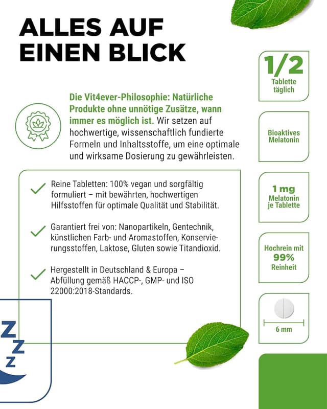 Detalle 2 de vit4ever Melatonin 0,5 mg (1/2 Tablette) – 365 Tabletten, vegan