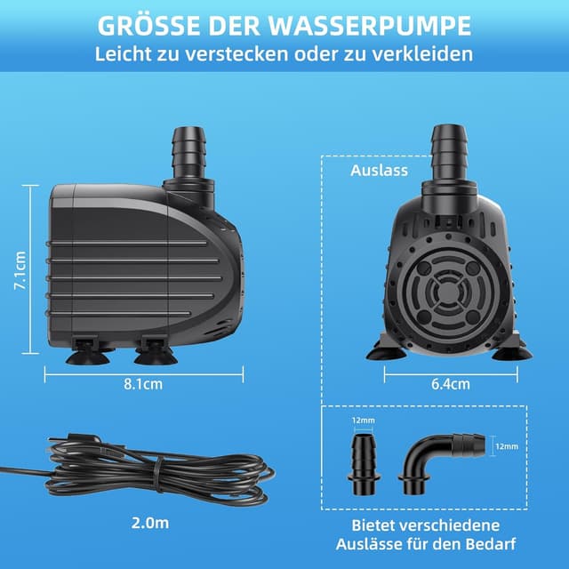 Detalle de Biling Ultraleise Aquarium Pumpe 750 l/h – Tauchbrunnenpumpe für Springbrunnen, Teich & Aquarium
