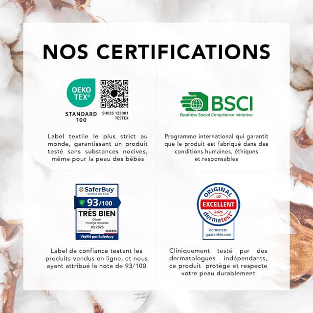 Detalle 2 de Protège Matelas 90x200 cm Ôhm – Alèse imperméable en coton, anti-acariens et hypoallergénique