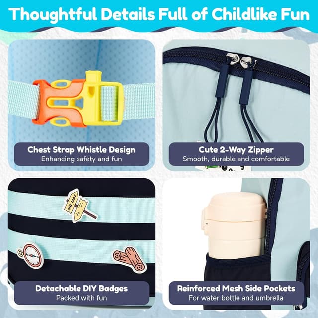 Detalle 2 de PROTAURI Sac à dos enfant maternelle 3-7 ans avec sangle de poitrine, bandes réfléchissantes et compartiment 9 L (bleu)