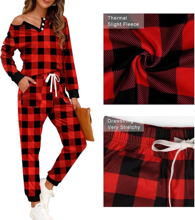 Detalle de WIHOLL Two-Piece Lounge Set for Women (Button-Down Sweatshirt + Sweatpants)