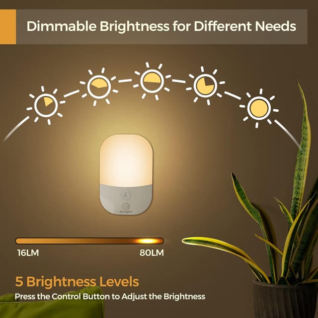 Detalle 1 de Suright Nachtlicht mit Bewegungsmelder, 2er-Set, aufladbar per USB-C, 2800K warmweiß (AUTO/AUS/EIN, 5 Helligkeitsstufen)