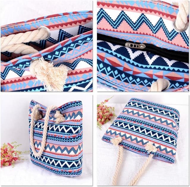 Detalle de FAVORTALK Women’s Canvas Beach Bag with Zip, Striped Tote & Pockets (45x31x14cm)