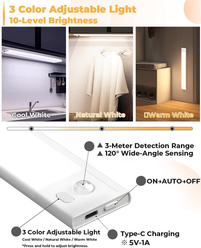 Detalle 2 de LED Schrankbeleuchtung mit Bewegungsmelder, USB-wiederaufladbar & dimmbar (magnetische Unterbauleuchte, 23 cm)