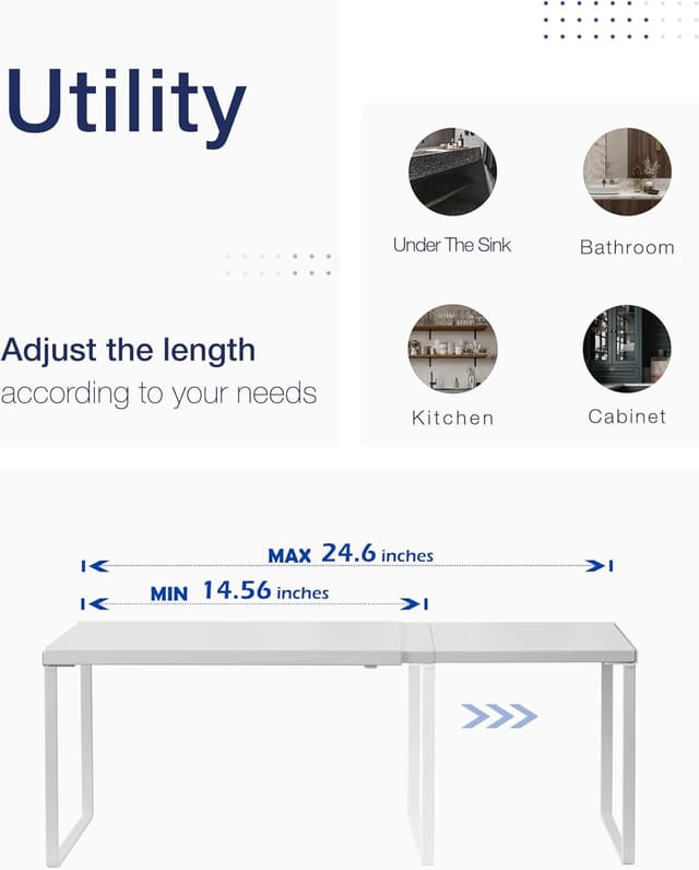 Detalle de Nxconsu Expandable Cabinet Shelf Organizer Riser Rack (Heavy-Duty Metal, White) — width 14.56–24.6 in