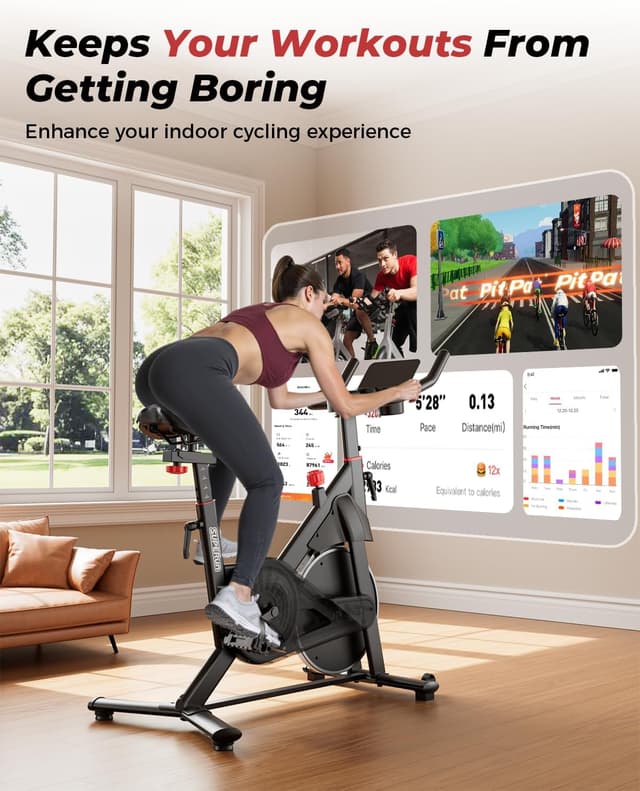Detalle de Superun exercise bike for home use with adjustable magnetic resistance, LCD display & app