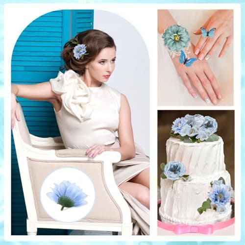 Detalle de MWOOT Flores artificiales variadas (12 rosas azules) con mariposas decorativas para centros de boda, graduación y baby shower