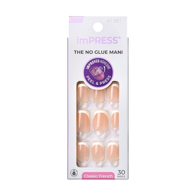 Detalle de KISS imPRESS No Glue Mani Press On Nails (French, Model) in White, Short Squoval—Includes 30 Nails