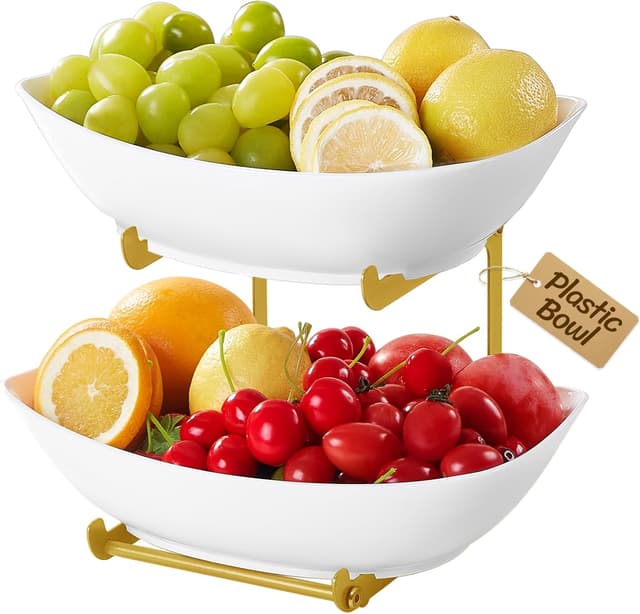 Detalle de Lifewit Obst-Etagere mit 2 Etagen und Metallständer – Obstschalen aus PET, weiß & goldfarben