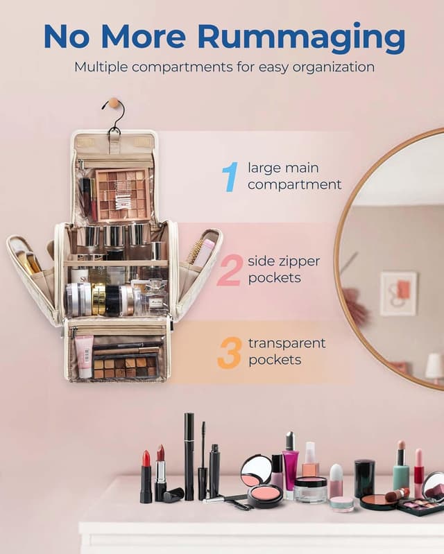Detalle de BAGSMART Make-Up Organiser – großer Kulturbeutel zum Aufhängen in Beige