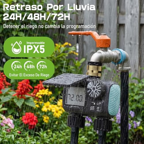 Detalle de Programador de riego solar CyberOrd de 2 zonas con carga solar y modos automático/manual y retraso por lluvia