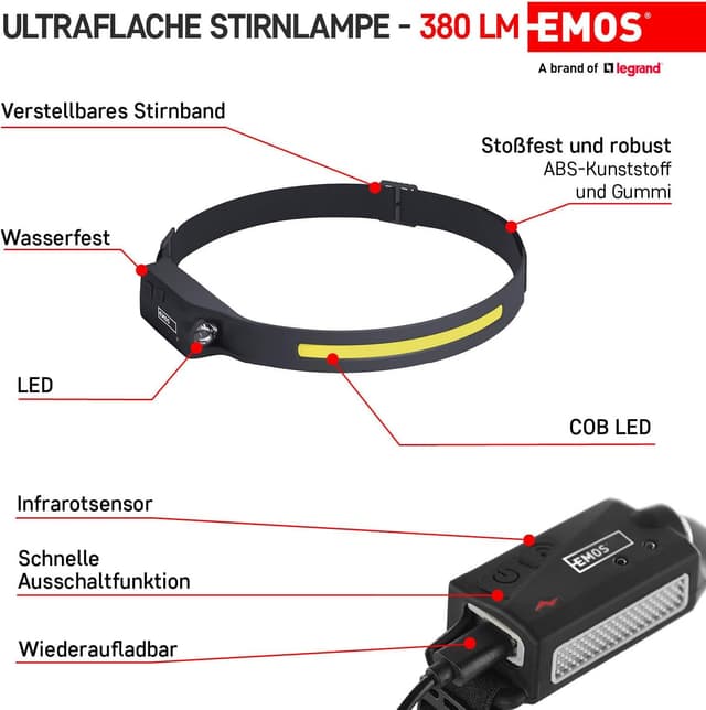 Detalle de EMOS lampada frontale ricaricabile con sensore di movimento e 4 modalità, 380 lm