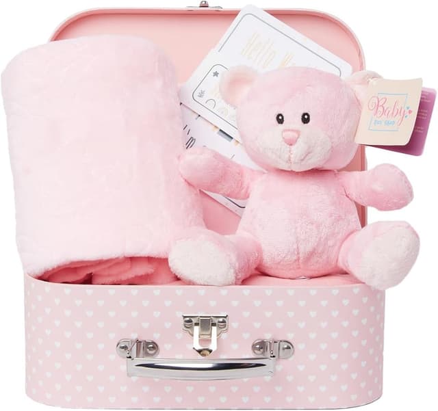 Detalle de Baby Box Shop Newborn Baby Gift Set: Pink Teddy Hamper with Milestone Cards & Fleece Blanket