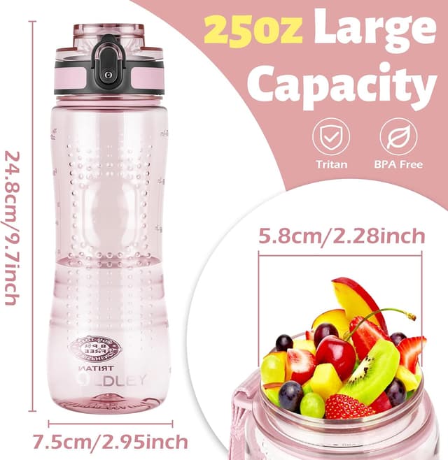 Detalle de Oldley 750ml/25oz Sports Water Bottle (BPA-free, leakproof, time markings) – Transparent Pink