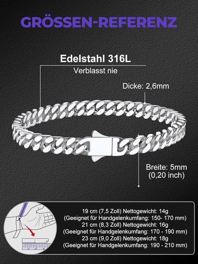 Detalle 2 de Richsteel Herren Armband Kubanische Kette Edelstahl Silber/Gold/Schwarz – wahlweise Breite 5/7/9/12 mm, Längen 19/21/23 cm
