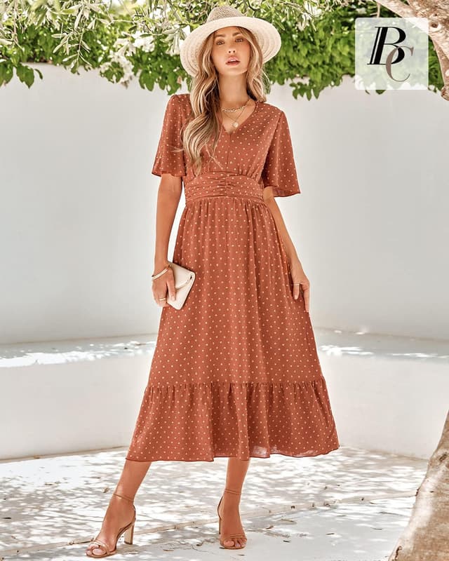 Detalle de BebreezChic Sommerkleid Damen lang Boho mit Swiss-Dot, V-Ausschnitt und geraffter hoher Taille