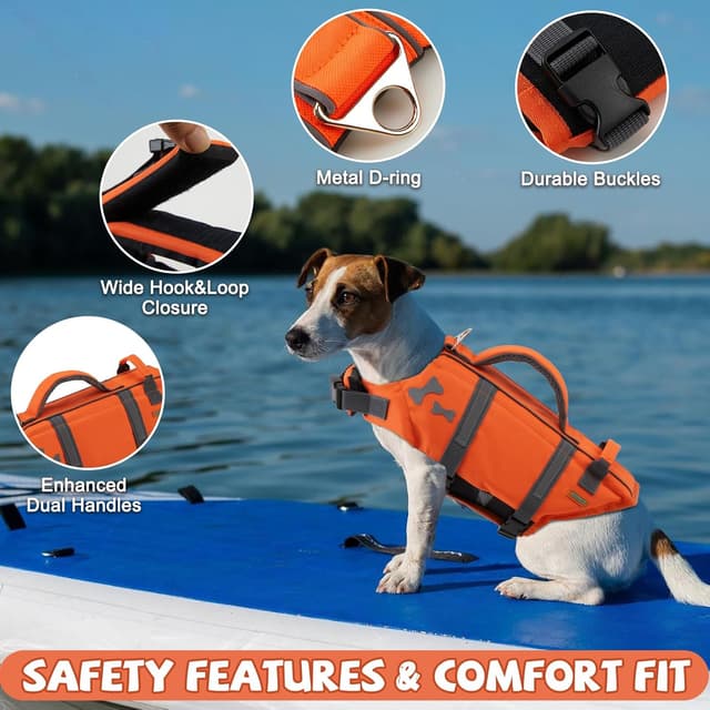 Detalle de EMUST Dog Life Jacket (2XL) – lightweight waterproof vest with rescue handle and reflective strips