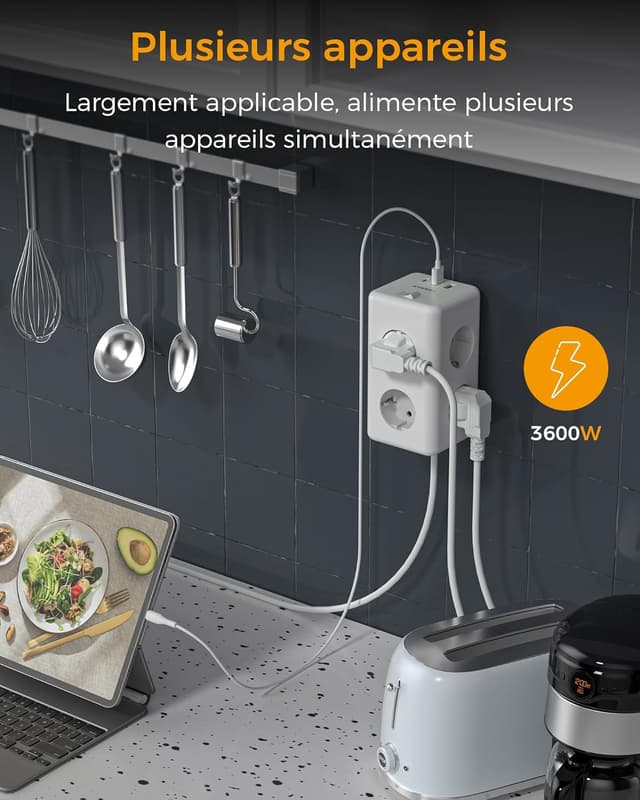 Detalle de TESSAN 9 en 1 multiprise USB C : 6 sorties secteur, interrupteur et rallonge 2 m (gris)