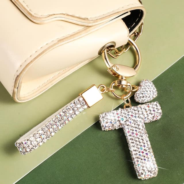 Detalle de MWOOT Glitzer-Schlüsselanhänger mit Buchstabe (Strass) – silberner Keychain mit Namens-Initial für Auto & Tasche