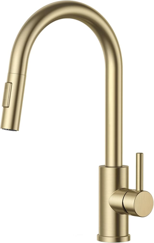 Detalle de FORIOUS Küchenarmatur mit hohem Bogen und 360° Schwenkbereich – ausziehbare Brause in gebürstetem Gold