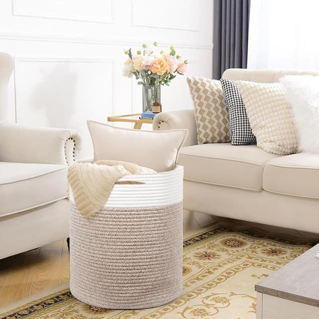 Detalle 2 de SYLANDO 32L Waschekorb aus Baumwolle mit Griffen, geflochten (D34×H40 cm) – Wäsche, Decken & mehr