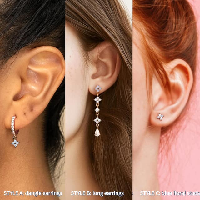 Detalle 2 de Macachii 3 Pairs Sterling Silver Earrings Set (blue flower studs, hoops & huggies)