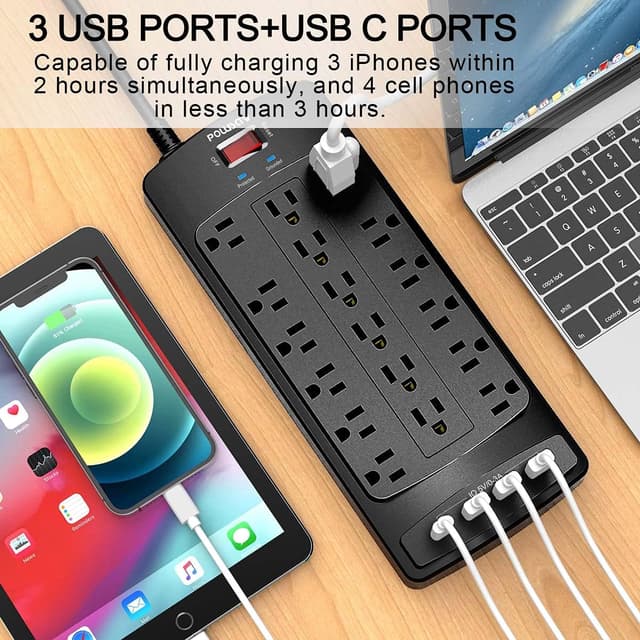 Detalle de POWSAV 18-Outlet Surge Protector Power Strip (6-Foot Flat Plug, 4 USB) — ETL Listed