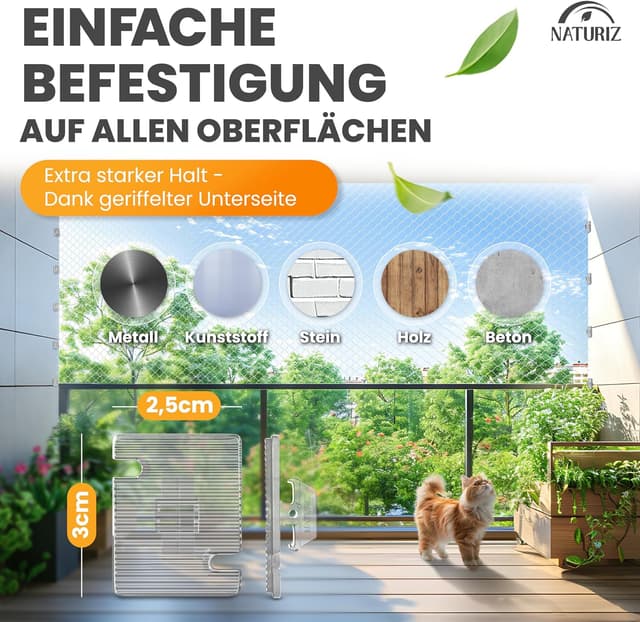 Detalle de Naturiz® Katzennetz für Balkon ohne Bohren (transparent) – inkl. Klebehaken & Silikonkleber, 3x8 m