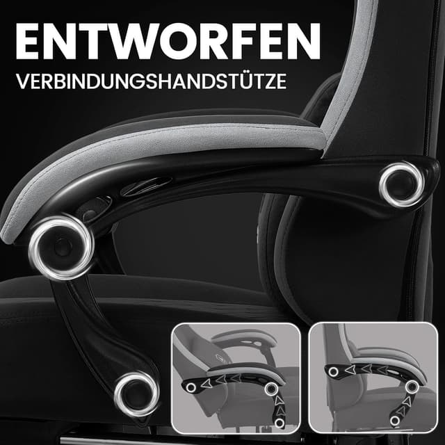 Detalle 2 de GTPLAYER Gaming Stuhl mit Stoffbezug, verstellbaren Armlehnen und Fußstütze (bis 150 kg) – dunkelschwarz