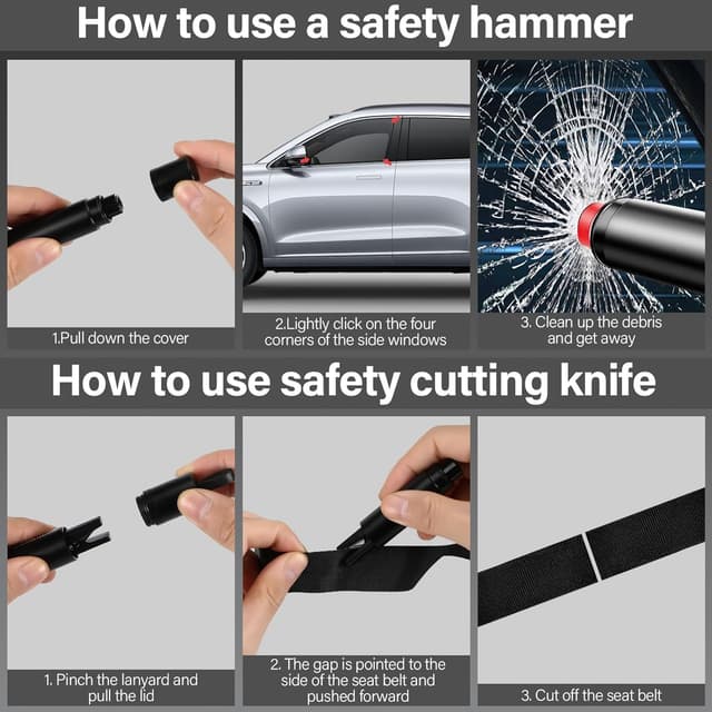 Detalle de Zikenis 2 pezzi martello di sicurezza auto con tagliacinture e rompivetro (nero + rosso)