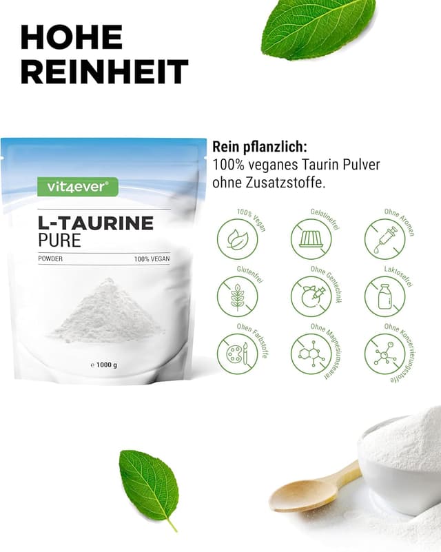 Detalle de vit4ever Taurin Pulver 1.000 g (1 kg) – 99% rein, vegan, mit Dosierlöffel