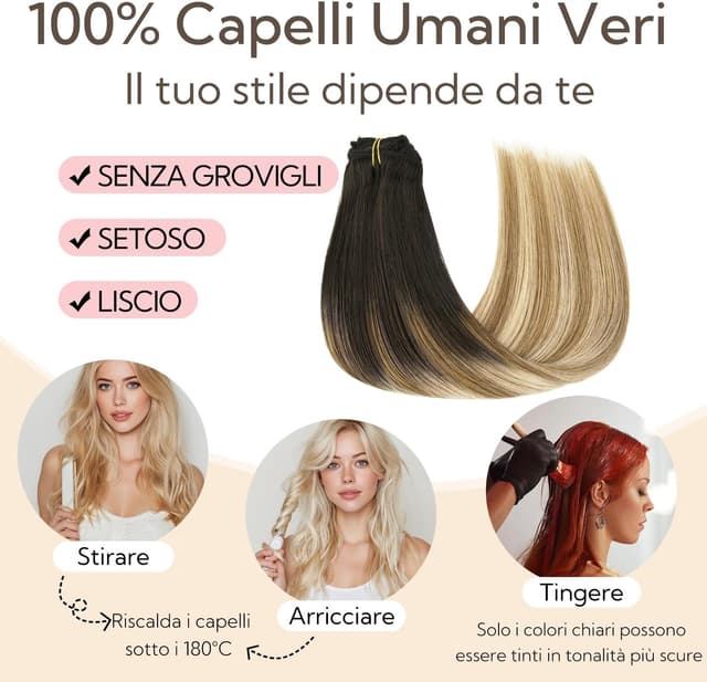 Detalle de HOTBANANA Extension Capelli Veri Clip Remy 45 cm 7 pz Castano scuro e biondo sporco evidenziato